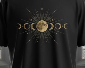 Camiseta con fases lunares celestiales, camiseta de astrología bohemia, camiseta con gráfico lunar de bruja, regalo estético espiritual para amantes de la luna.