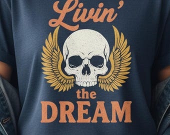 Livin' the Dream Comfort Colors® T-Shirt, Vintage Distressed Skull Shirt, Oversized Retro Grunge Tee, Trendy Grunge Indie Boho Graphic Tee