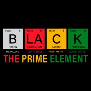 Op de afbeelding: Grafisch ontwerp op een zwarte achtergrond dat het woord "BLACK" spelt met elementen uit het periodiek systeem. De tekst "THE PRIME ELEMENT" staat eronder. De letters zijn in verschillende kleuren.