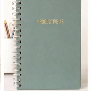 May include: A teal spiral-bound notebook with the gold text "PRODUCTIVE AF" on the cover. The notebook is surrounded by office supplies, including gold binder clips and pens in a white holder. The notebook is a stationery item.