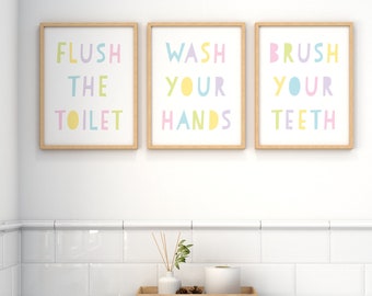 Set of 3 Printables - Bathroom Rules Light Pastel - soft rainbow kid bathroom decor, flush toilet, wash hands, brush teeth, INSTANT DOWNLOAD