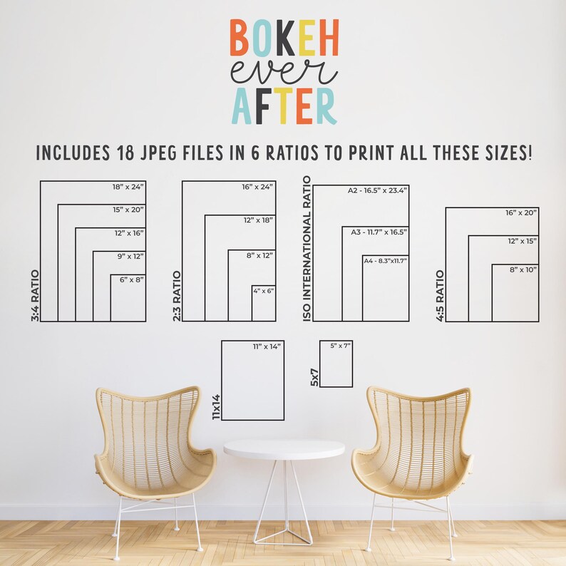 May include: A digital print guide titled BOKEH EVER AFTER, displaying 18 JPEG files in 6 ratios with specific dimensions in inches, including 3:4, 2:3, 4:5, 11x14, 5x7, and ISO international ratios like A2, A3, and A4, presented above two chairs.