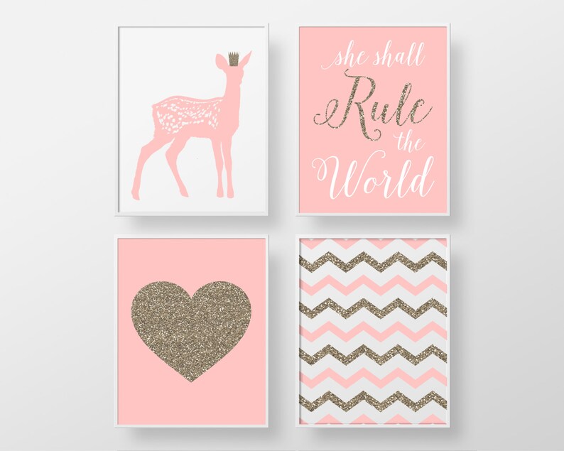 Deer Nursery Print Set 4 piece glitter prints sparkle pink Etsy