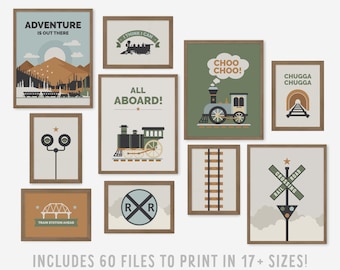 Locomotive Train Printables, Earthy Green Kids Nursery Decor (Digital Download)