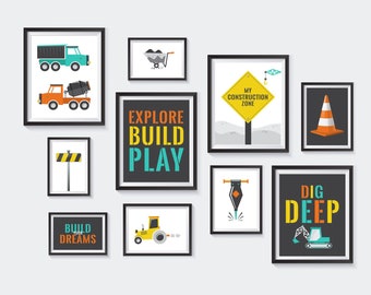 Construction Printable Set / Nursery Printables Dump Truck Gallery Wall / Dig Build Builder Orange Yellow Aqua / INSTANT DIGITAL DOWNLOAD