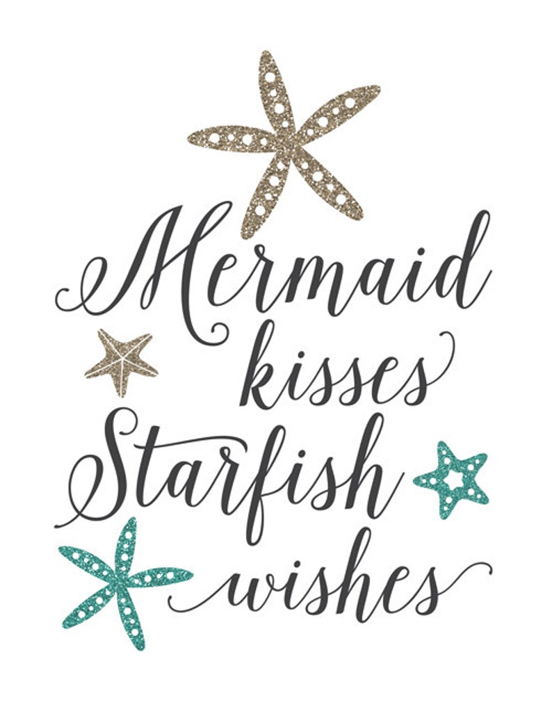 mermaid print starfish quote script teal aqua gold custom etsy