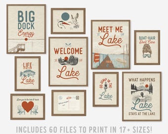 Lake House Art Prints Set, Retro Cabin Wall Decor (Digital Download)