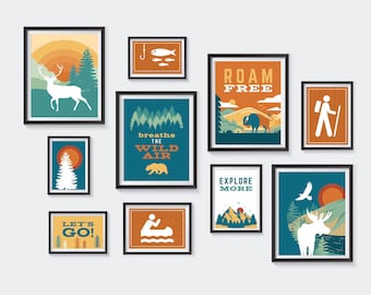 National Parks Printable Set / Nursery Printables Nature Gallery Wall Art / Deer Camping Outdoors Teal Orange / INSTANT DIGITAL DOWNLOAD