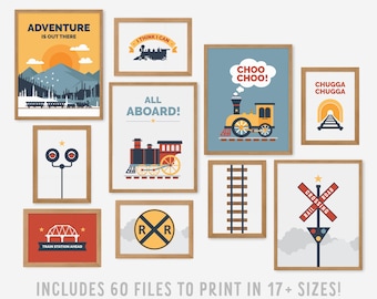 Train Print Set, Modern Nursery Decor, Kids Bedroom Gallery Wall (Digital Download)