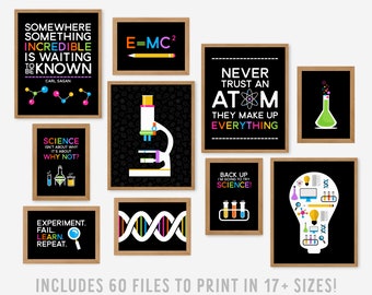 Science Classroom Poster Set, Printable Gallery Wall Art, Funny Stem Prints, Rainbow Neon Colors Black Class Decor, DIGITAL DOWNLOAD BG-3C1