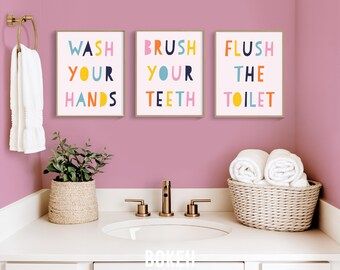 Kids Bathroom Rules Print Set, Colorful Washroom Decor (Digital Download)