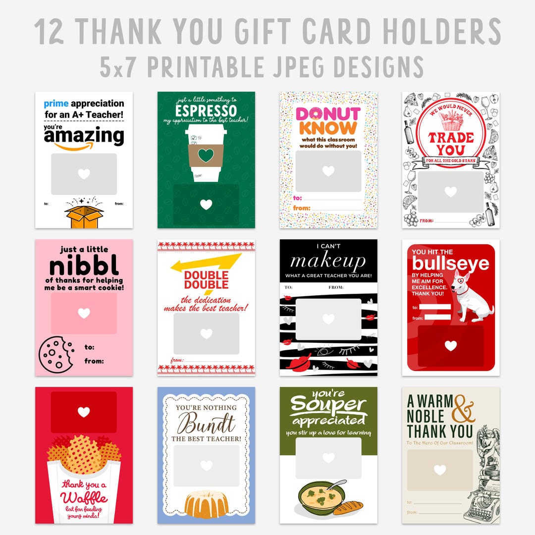 12 Teacher Gift Card Printable Holder Bundle, Thank You & Appreciation ...