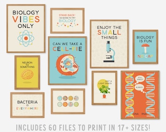 May include: A collection of ten framed wall art prints featuring biology-themed illustrations and text, including phrases like Biology Vibes Only, Can We Take A Cell-fie, and Enjoy The Small Things, with colorful graphics of cells, DNA, and plants.