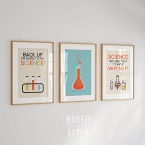 set of 10 science printable wall art designs with funny science puns for the classroom, home school, and science teacher gift. Modern STEM art in digital download format in various sizes to print in vibrant colors of orange, aqua, yellow and tan.