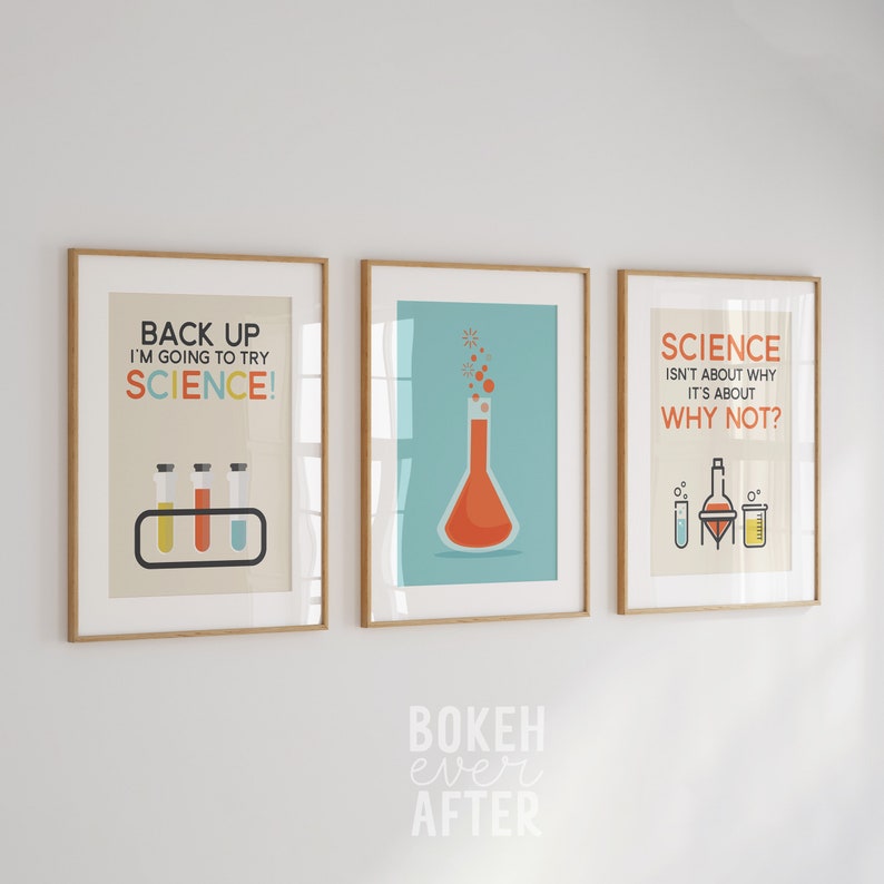 set of 10 science printable wall art designs with funny science puns for the classroom, home school, and science teacher gift. Modern STEM art in digital download format in various sizes to print in vibrant colors of orange, aqua, yellow and tan.