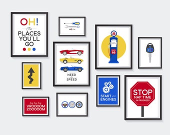 Race Car Printable / Primary Kids Nursery Wall Decor Printables / Automobile Gas Keys Stop Sign Red Blue Yellow / INSTANT DIGITAL DOWNLOAD