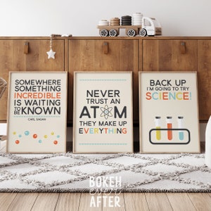 set of 10 science printable wall art designs with funny science puns for the classroom, home school, and science teacher gift. Modern STEM art in digital download format in various sizes to print in vibrant colors of orange, aqua, yellow and tan.