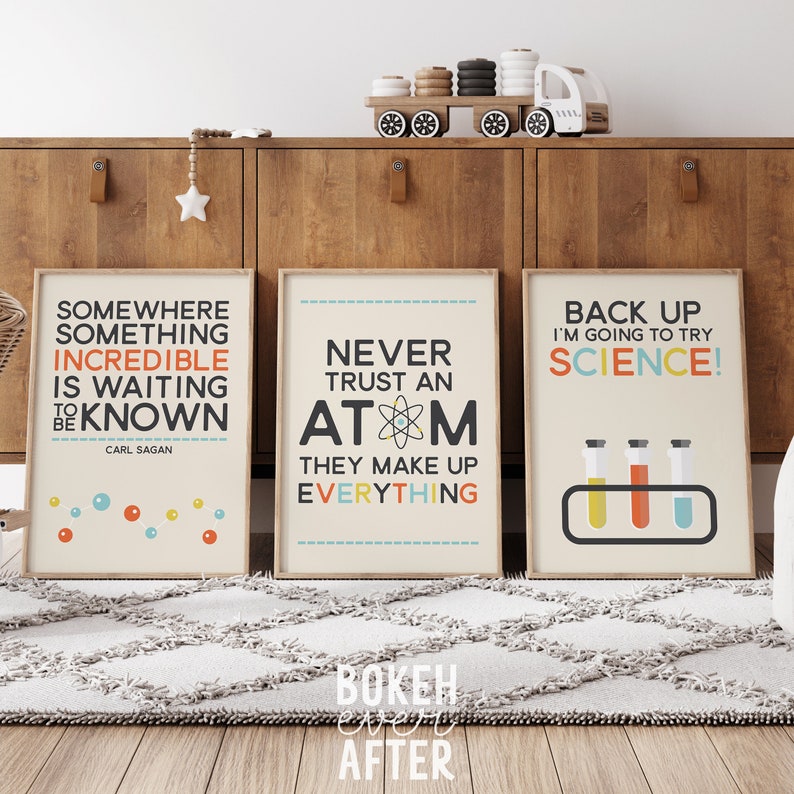 set of 10 science printable wall art designs with funny science puns for the classroom, home school, and science teacher gift. Modern STEM art in digital download format in various sizes to print in vibrant colors of orange, aqua, yellow and tan.