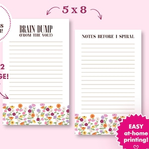 Afdrukbaar Brain Dump Kladblok | Eras Piano Flowers Floral memobureauonderlegger | Opmerkingen voordat ik spiraal | 5 x 8 plannerpagina's | Digitale download