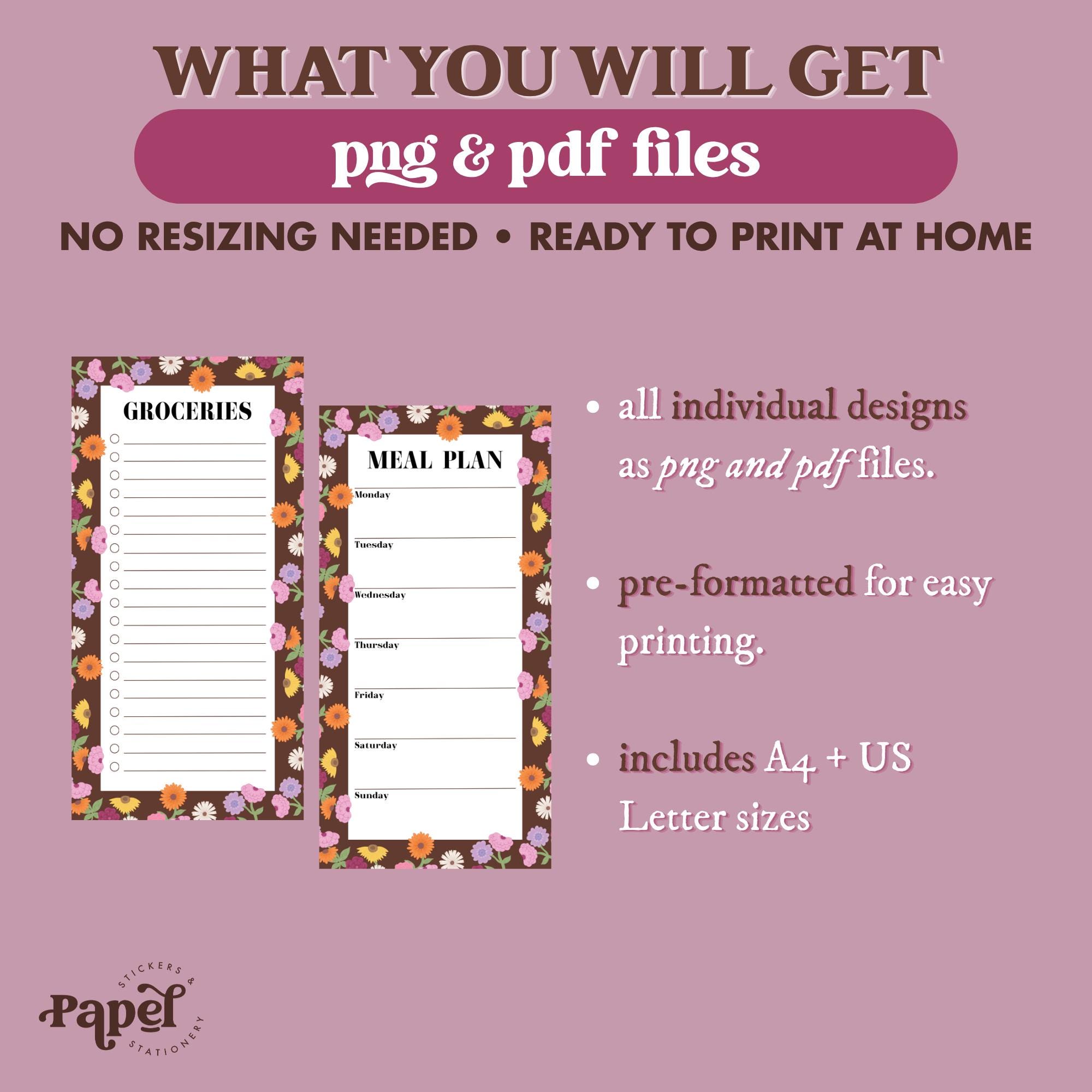 Printable Meal Planner & Grocery List | 4x8 Notepad | Floral Planner ...