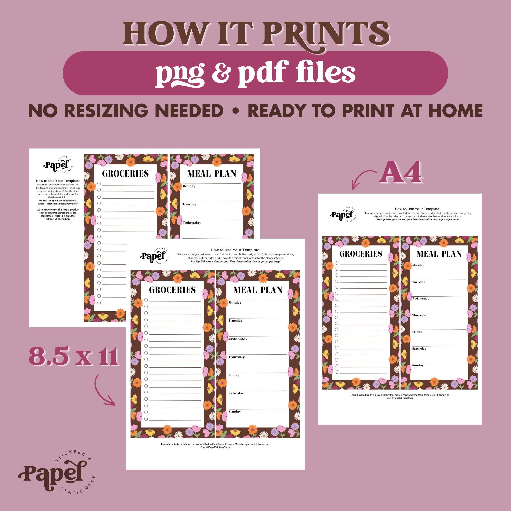 Printable Meal Planner & Grocery List | 4x8 Notepad | Floral Planner ...
