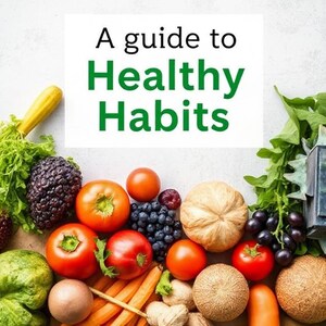 May include: A vibrant image showcasing a variety of fresh produce. The image features tomatoes, blueberries, carrots, and other fruits and vegetables. Text at the top reads "A guide to Healthy Habits" in green and black.