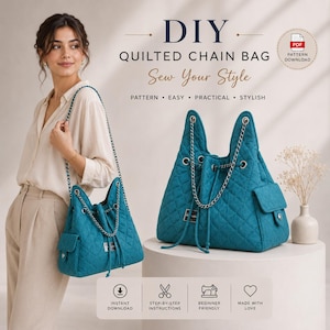 Quilted Chain Tote PDF Pattern - Inspired by Chanel25 / Stylish Handbag / Jeans bag PDF