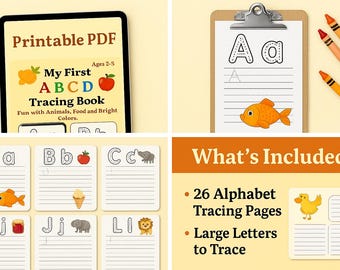 May include: A digital educational resource for children aged 2-5, featuring a tracing book with the alphabet, animals, food, and bright colors. Includes 26 alphabet tracing pages and large letters to trace. The image also shows crayons and a clipboard.