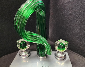 Groene gecanneleerde spiraalkraan | 8" wijdverspreide kranenset | Limited Final Edition | Functionele kunst | Moderne badkamerarmatuur