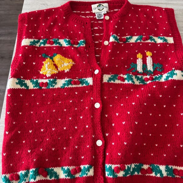 Vintage Woodward Wool Christmas Sweater Vest Cardigan Red Candles Medium 1990’s