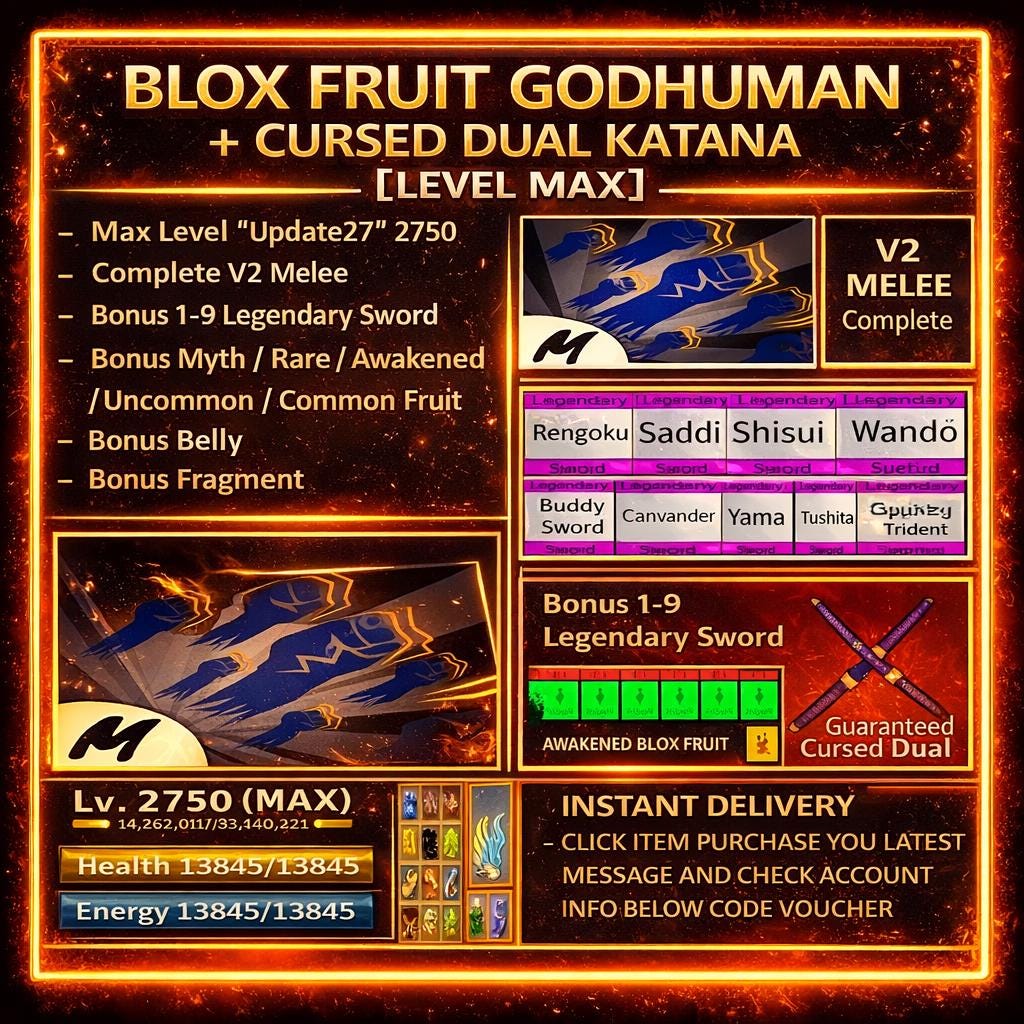 Compte Roblox Blox Fruits Maxé - Godhuman + Double Katana Maudit [Niveau MAX]