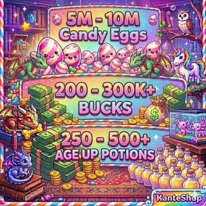 250-500+ Pociones de envejecimiento, 200-300K+ Bucks, 5-10 M Huevos de caramelo / Entrega instantánea