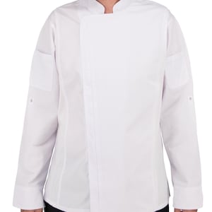 May include: A white chef's coat with a mandarin collar and long sleeves. The coat has two pockets on the sleeves and a button closure. The coat is made of a smooth, wrinkle-resistant fabric.