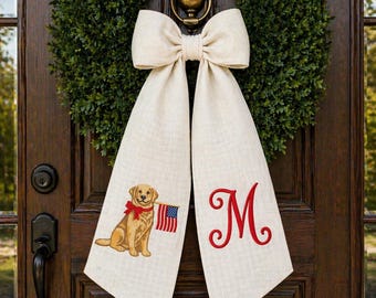 Corona con monograma personalizado, lazo para puerta con la bandera de EE. UU., decoración del 250 aniversario de Estados Unidos, decoración del 4 de julio, banda bordada para perro con la bandera de EE. UU.