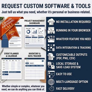 May include: A digital flyer titled REQUEST CUSTOM SOFTWARE & TOOLS featuring a grand opening sale banner, icons for project management, event planning, and inventory tracking, alongside a list of features like browser-based access and data integration.