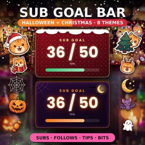 May include: A digital sub goal bar overlay set featuring two rectangular progress bars with the text SUB GOAL 36 / 50 and 72%. The design includes festive holiday icons like a cat in a Santa hat, a Christmas tree, a pumpkin, and a bat.