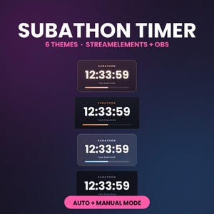 May include: A digital subathon timer display featuring four rectangular interface variations with the text SUBATHON, 12:33:59, and TIME REMAINING. The graphic includes the text SUBATHON TIMER, 6 THEMES, STREAMELEMENTS + OBS, and AUTO + MANUAL MODE.