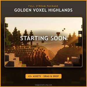 以下が含まれることがあります： FULL STREAM PACKAGE GOLDEN VOXEL HIGHLANDSというタイトルのストリームオーバーレイパッケージ。中央のグラフィックには、松の木、ブロック状の地形、松明があるボクセルスタイルの風景が表示されており、白い文字でSTARTING SOONと書かれています。