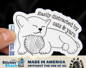 Easily Distracted By Cats & Yarn Vinyl Sticker | Hand Drawn Crocheter and Knitter Decal | Free Shipping