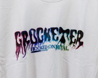 Crocheter Hooked On Metal | Drawn by Hand | Metal Band-Style Adult T-Shirt