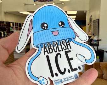 Pegatina "Abolish I.C.E." / Gorro de conejo azul dibujado a mano, vinilo para interior y exterior de coche.