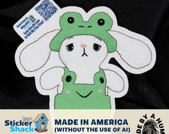 Crochet the Sad Away - Hand-Drawn Sad Bunny in Frog Costume Vinyl Sticker | Free Shipping!
