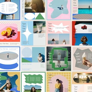 May include: A collection of twenty square social media templates featuring diverse layouts, geometric shapes, and photographic imagery. Each template includes placeholder text areas labelled Type Your Title Here and includes various colour palettes, patterns, and photographic scenes of people, food, and landscapes.