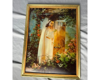 Vintage Jesus Light of the World Framed Lithograph Religious Wall Art Gold Frame