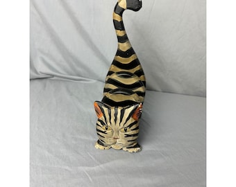Hand Carved Wooden Cat Mail Holder Letter Organizer Black Gold Stripes