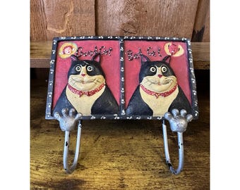 Vintage Good Cat Bad Cat Wall Hook Rack Tuxedo Cat 3D Relief Key Leash Hanger