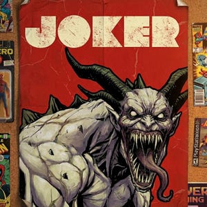 Puede incluir: Un póster rojo con la palabra "JOKER" en letras blancas grandes. El póster presenta una ilustración detallada de una criatura monstruosa con dientes afilados, cuernos y una larga lengua. Cómics y figuras de acción rodean el póster.