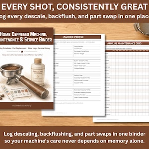 May include: A Home Espresso Machine, Maintenance & Service Binder with a cover featuring an espresso portafilter, descaling solution, and water test strip. Includes interior pages for machine profiles and an annual maintenance grid for tracking.
