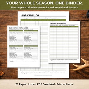 Peut inclure: Un système imprimable de journal de chasse et d'inventaire pour les chasseurs de cerfs de Virginie. L'image montre un fond en bois avec des formulaires imprimés, des bois de cerf et un arc. Le texte sur les formulaires comprend "Hunt Session Log", "Buck Sighting Profile Cards" et "Stand & Blind Inventory".