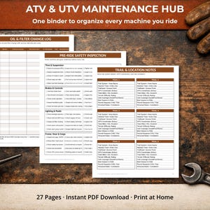 Può includere: Un raccoglitore ATV & UTV Maintenance Hub con registri di manutenzione e note sui sentieri. L'immagine include una chiave inglese, un'oliera e un guanto di pelle su una superficie di legno. Il testo sull'immagine recita: "Un raccoglitore per organizzare ogni macchina che guidi."